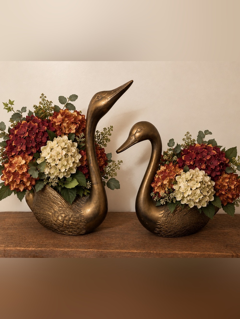 Vintage Brass Swan Vase Planter - Set of 2